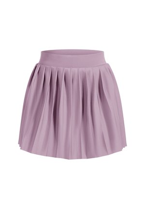 Plisowana spódnica w jasnym lawendowym kolorze z gładkim, elastycznym pasem. Materiał ma lekki połysk i posiada pionowe fałdy, które nadają teksturę.