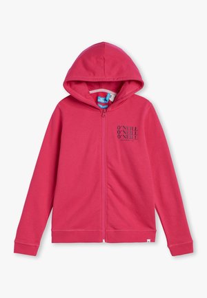 Różowa bluza z kapturem na zamek, z długimi rękawami i czarnym napisem "O'NEILL" powtórzonym trzykrotnie na lewej piersi.