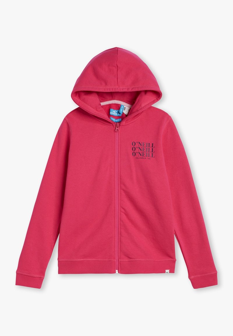 Sweat à capuche rose avec fermeture éclair, manches longues, et le texte noir "O'NEILL" répété trois fois sur le côté gauche de la poitrine.