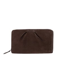 Bruine leren portemonnee met een matte afwerking, voorzien van een geplooid ontwerp aan de voorkant en een ritssluiting rondom met een klein lipje.