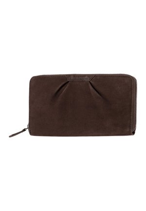 Brown leather wallet with a matte finish, featuring a gathered design on the front and a zip-around closure with a small pull tab.