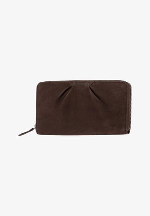 Bruine leren portemonnee met een matte afwerking, voorzien van een geplooid ontwerp aan de voorkant en een ritssluiting rondom met een klein lipje.
