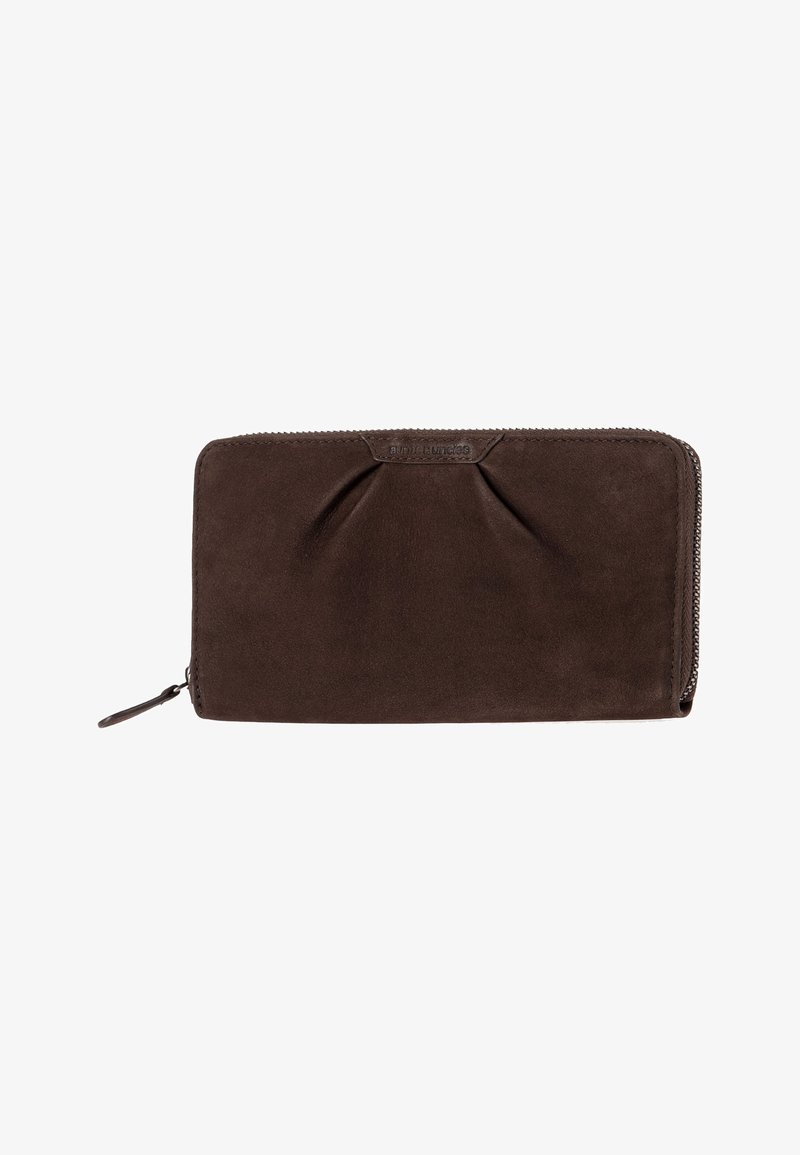 Brown leather wallet with a matte finish, featuring a gathered design on the front and a zip-around closure with a small pull tab.