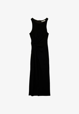 Schwarzes ärmelloses Kleid mit einem verdrehten Knotendetail an der Taille, das eine glatte Textur und einen verdeckten Reißverschluss auf der Rückseite hat.