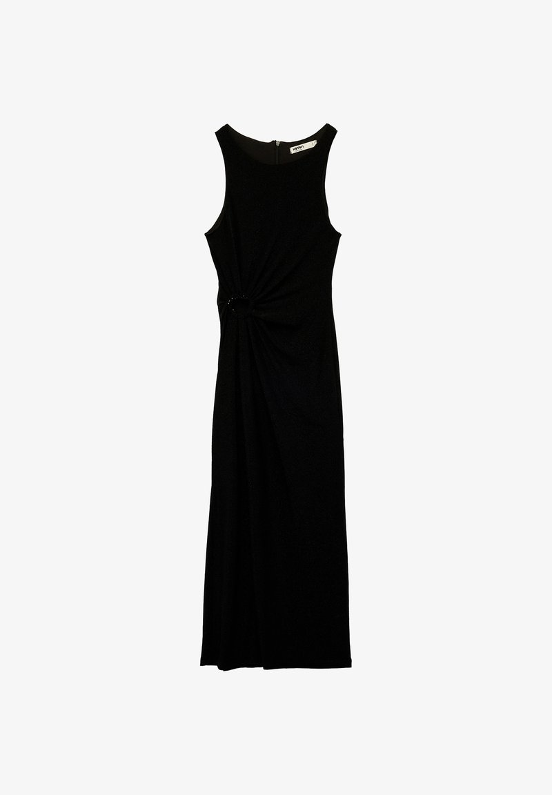 Czarna sukienka bez rękawów z przewiązanym węzłem w talii, charakteryzująca się gładką teksturą i ukrytym zapięciem na suwak z tyłu.