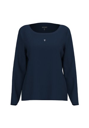 Maglietta blu navy a maniche lunghe con scollo a U, caratterizzata da un logo bianco discreto sul petto. Realizzata in tessuto liscio con una vestibilità comoda.