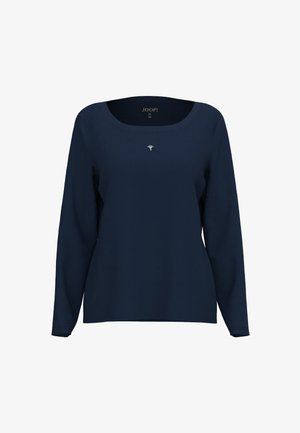 Chemise à manches longues bleu marine avec un col rond, présentant un logo blanc subtil sur la poitrine. Fabriquée dans un tissu doux avec une coupe décontractée.