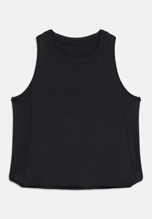 Fekete, ujjatlan sport trikó kerek nyakkivágással és enyhe Nike logóval az alsó bal oldalon.