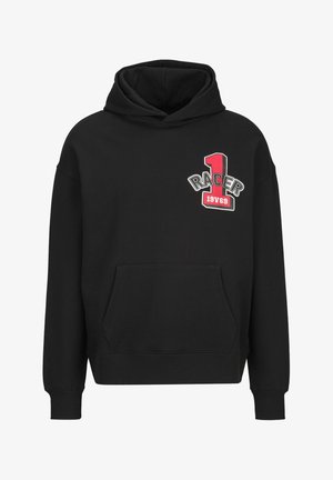 Zwarte hoodie met voorkantzak en grafische print met de tekst "RACER 1 19V69" in rood, wit en zwart op het linkerborstgebied.