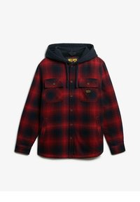 Rød og sort ternet flannel skjorte med blå hætte. Har to brystlommer og knaplukninger. Blød tekstur, afslappet design.