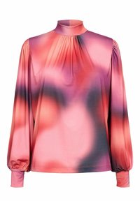 Långärmad topp i en gradient av rosa, lila och svart. Har en hög hals, samlade axlar och en mjuk, slät tygtextur.