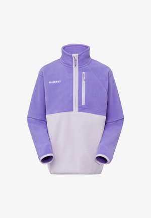 Polaire à demi-zip dans deux nuances de violet avec poche zippée sur la poitrine et logo "Mammut" sur le côté gauche du torse.