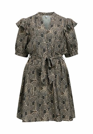 Short-sleeve dress with a keyhole neckline, cinched waist, and ruffled sleeves, featuring a black and beige circular pattern.