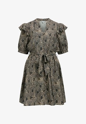 Short-sleeve dress with a keyhole neckline, cinched waist, and ruffled sleeves, featuring a black and beige circular pattern.