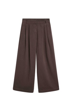 Braune Schlaghosen mit gefaltetem Vorderteil, hergestellt aus weichem Stoff. Mit hoher Taille und zwei seitlichen Taschen. Strukturierte Oberfläche.