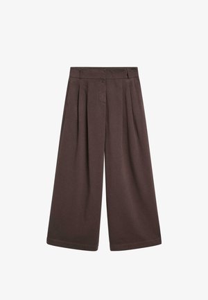 Pantalons larges marron avec un devant plissé, en tissu doux. Dotés d'une taille haute et de deux poches latérales. Fini texturé.