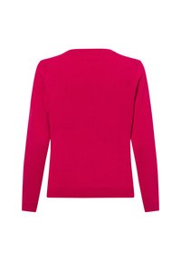 Fuchsia gestrickter Pullover mit langen Ärmeln, runder Halslinie, geripptem Bund und Saum, glatter Textur und ohne sichtbare Muster.