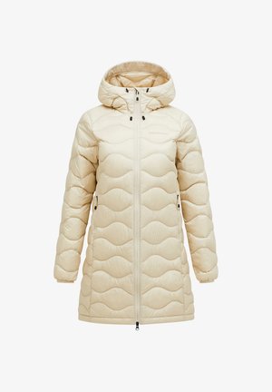 Padded cream winter coat with a hood, featuring wave-patterned texture, front zipper, and side pockets with black accents.