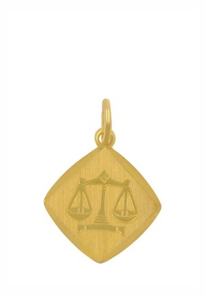 Ciondolo in oro con simbolo inciso della bilancia zodiacale su sfondo a forma di diamante e un anello per la catena.