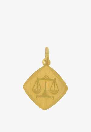 Ciondolo in oro con simbolo inciso della bilancia zodiacale su sfondo a forma di diamante e un anello per la catena.
