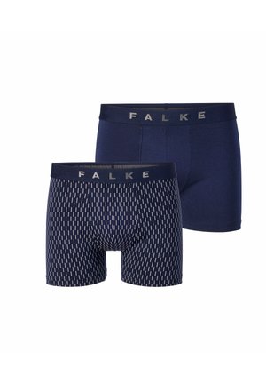 Dos pares de calzoncillos bóxer para hombre en azul marino, uno liso y otro con patrones blancos de líneas discontinuas, ambos con cinturillas con la marca "FALKE".