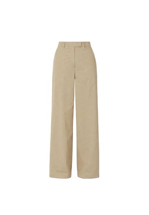 Pantaloni beige a vita alta con gamba ampia, passanti per cintura e chiusura frontale, mostrati su uno sfondo bianco neutro.