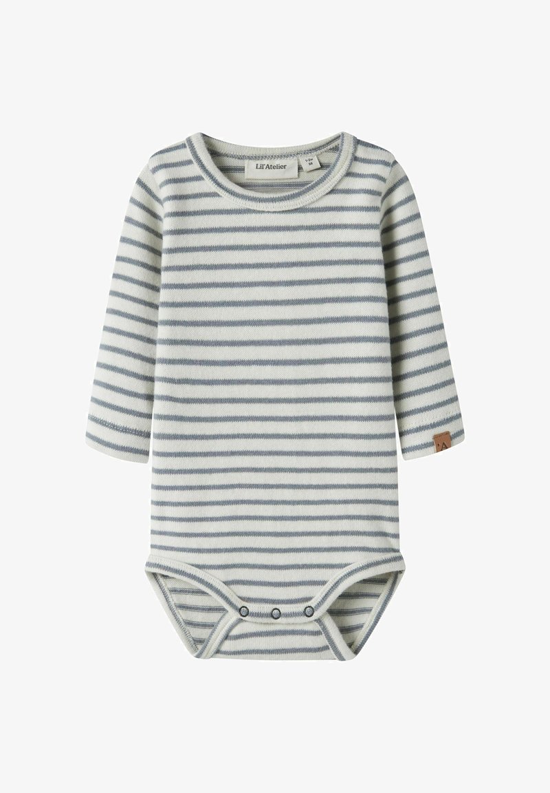 Body pour bébé à manches longues à rayures blanches et grises, avec des boutons-pression à l'entrejambe et un col rond.