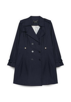 Marineblå dobbeltradet trenchcoat med brede revers, knappede epauletter, to forlommer og bæltestropper på lange ærmer.