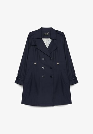Trench-coat bleu marine à double boutonnage avec larges revers, épaulettes boutonnées, deux poches avant et poignets ceinturés sur manches longues.