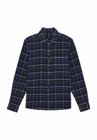 Camicia in flanella a quadri neri e blu con maniche lunghe, bottoni sul davanti e colletto. Presenta strisce orizzontali e verticali di larghezze variabili.