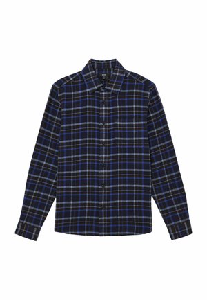 Sort og blåternet flannelsskjorte med lange ærmer, knapper foran og krave. Har horisontale og vertikale striber i varierende bredder.