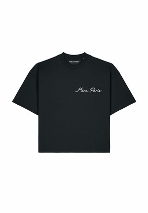 Schwarzes kurzärmeliges T-Shirt mit weißem kursivem Text "Mira Paris" auf der linken Brust und rundem Ausschnitt.