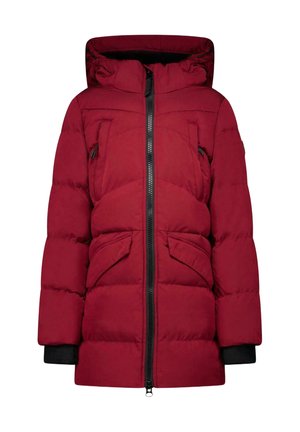 Rode gewatteerde winterjas met capuchon, zwarte rits aan de voorkant, twee borstzakken met rits en twee lagere klepzakken met zwarte binnenboorden.