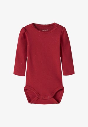 Długi rękaw, prążkowany czerwony bodziak dla niemowląt z zatrzaskami na dole i subtelną, nakrapianą teksturą.