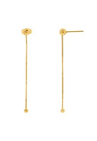 Goldene Tropfohrringe mit einem hexagonalen Stecker und einer schlanken Kette, die mit einer kleinen runden Kugel am Ende versehen ist, und einer glatten Textur.