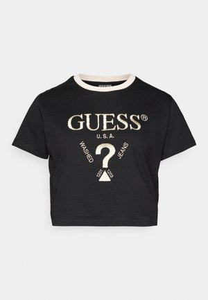 Svart kortärmad t-shirt i bomull med vit ribbad halsringning, prydd med guldbroderi av "GUESS U.S.A."-logotypen och grafiska detaljer.