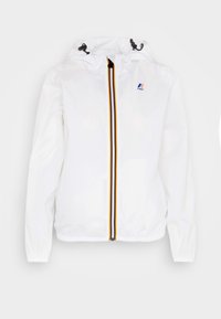 Witte lichtgewicht jas met capuchon, voorzien van een ritssluiting aan de voorkant en multicolor gestreepte accenten. Inclusief het merklogo op de borst.