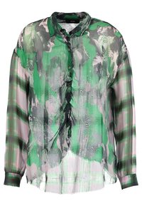 Przezroczysta, długa koszula z rękawami na guziki w połączeniu zielonych, czarnych, szarych abstrakcyjnych i kraciastych wzorów.