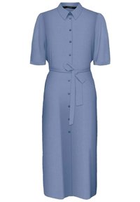 Abito camicia midi blu chiaro con maniche corte, bottoni frontali, colletto e cintura coordinata legata in vita.