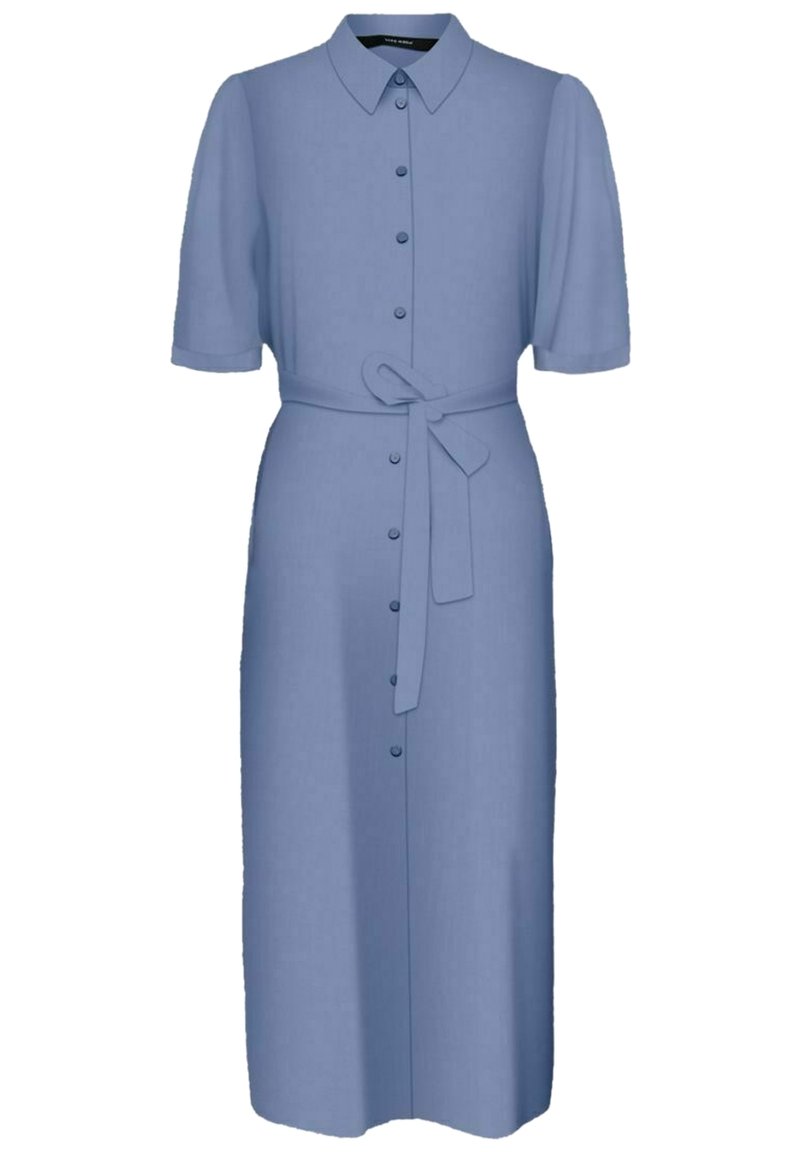 Abito camicia midi blu chiaro con maniche corte, bottoni frontali, colletto e cintura coordinata legata in vita.