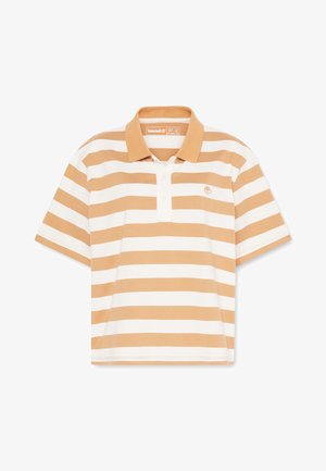 Koszulka polo z krótkim rękawem w beżowo-białe paski, z kołnierzykiem i trzema guzikami, z małym logo na piersi.
