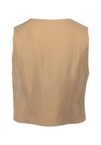 Beige ärmlös topp med rund halsringning, slät textur och skräddarsydd passform. Har subtila sidosömmar och en ren fåll.