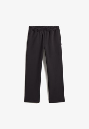 Sorte joggingbukser lavet af blødt stof, med elastik i taljen, vide ben og minimal detaljering uden lommer.