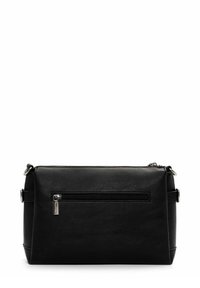 Rectangular black leather bag with a textured finish, featuring a front zip pocket and silver hardware accents. Adjustable strap included.