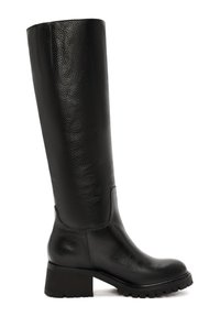 Botas de cuero negro hasta la rodilla con un acabado texturizado, puntera redondeada, tacón grueso y suela resistente. Diseño sencillo con mínimos detalles.