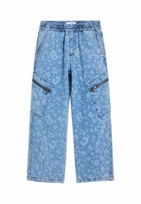 Heled sinised denim püksid elastse vöökoha, külje lukuga cargo-taskute ja juhuslikult prinditud tähtede mustriga.