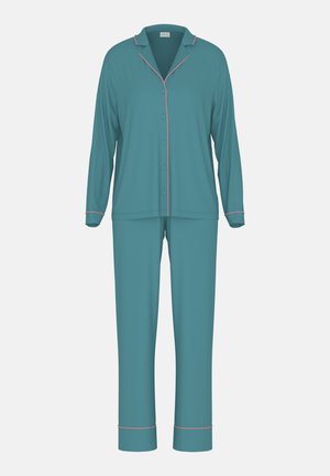 Donkergroene pyjamaset met lange mouwen en roze biezen, bestaande uit een overhemd met knopen en kraag, en bijpassende broek met omgeslagen pijpen. Glad materiaal.