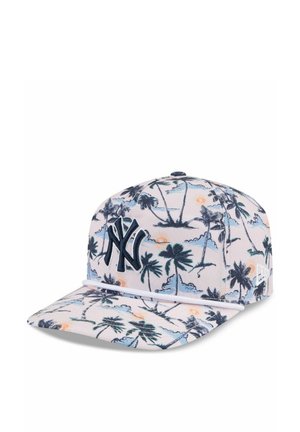 Baseball cap with navy blue NY logo, palm tree and sunset print on white background, featuring a white rope above the brim.