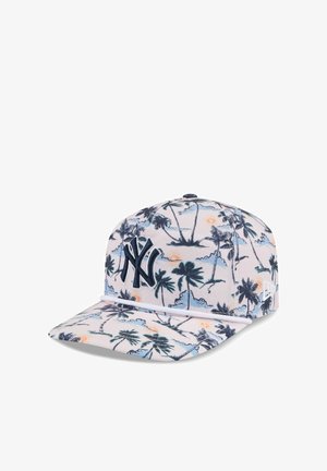 Baseball cap with navy blue NY logo, palm tree and sunset print on white background, featuring a white rope above the brim.