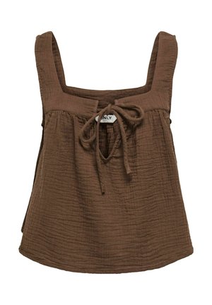 Haut marron sans manches texturé avec larges bretelles et un nœud devant au-dessus d'une petite ouverture en forme de trou de serrure.